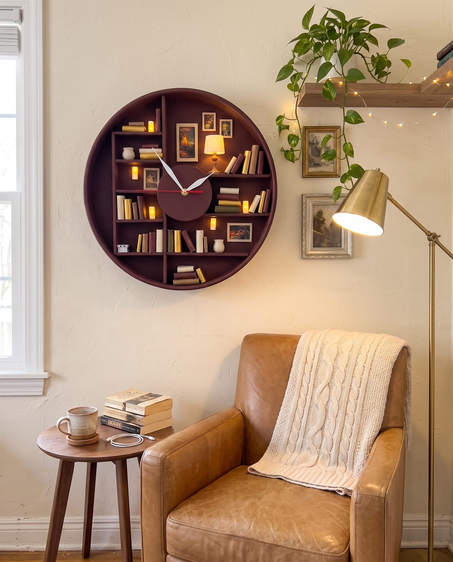 Zeequa Reading Room library clock on a cream wall above a leather armchair