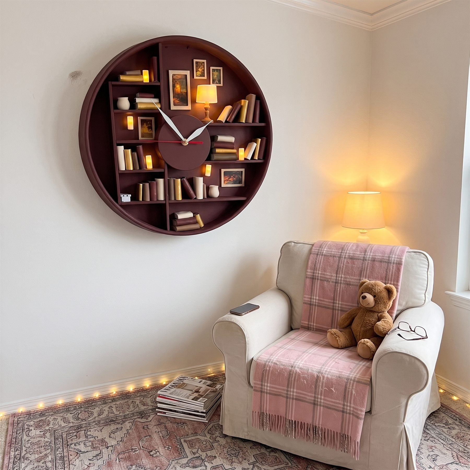 Burgundy library clock above a cream armchair with a teddy bear