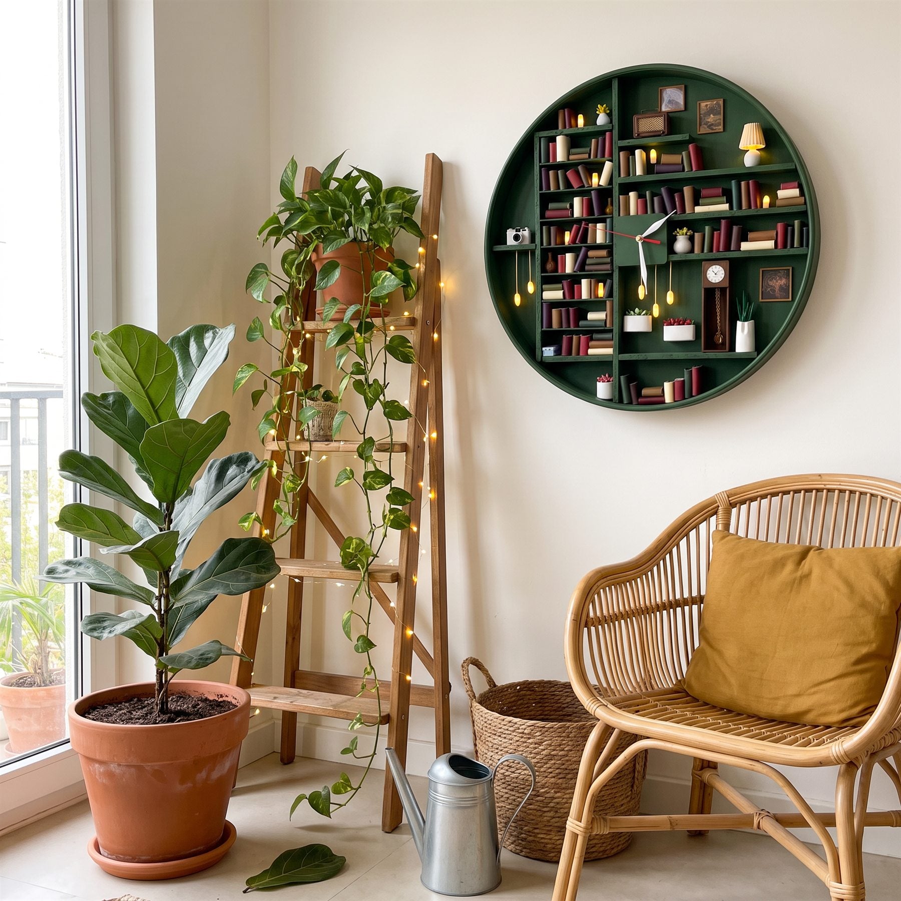 Forest green library clock in a sunny plant corner