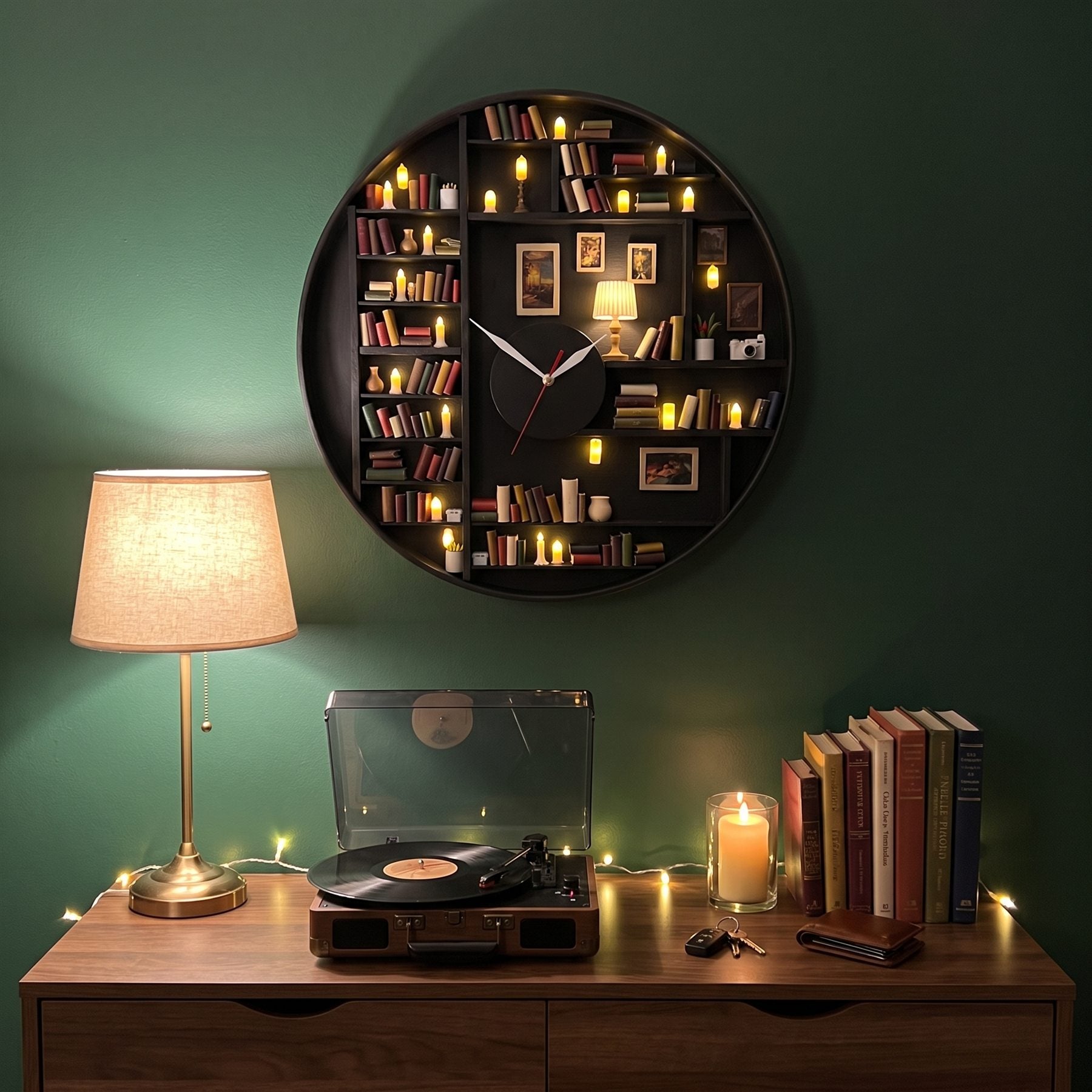 Black library clock glowing at night above a walnut console