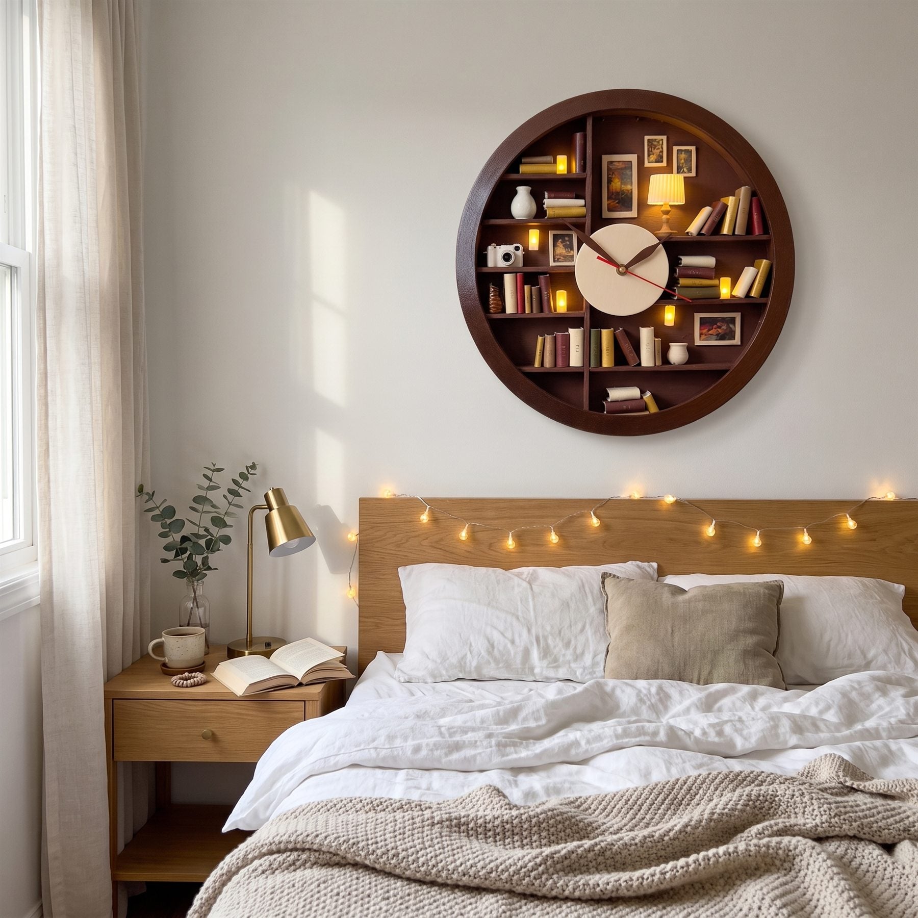 Cream library clock above a linen bed in morning light