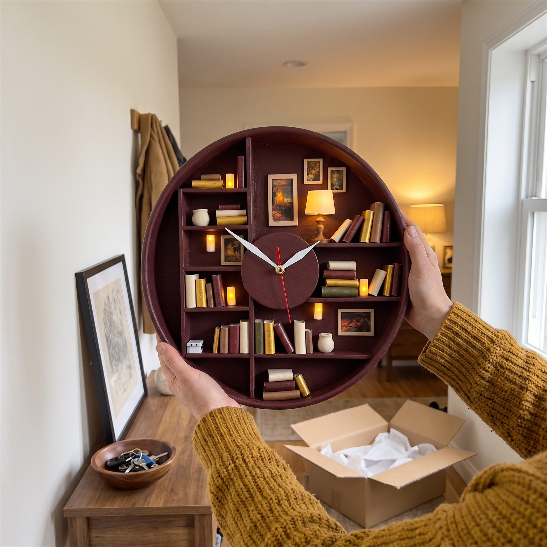 Hands holding the burgundy clock up against a hallway wall